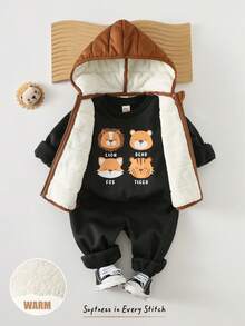 Cozy Pixies 男婴三件套服装：圆领长袖卫衣、松紧腰裤、无袖背心、加厚抓绒外套、动物纹卫衣套装 - 黑色 - 查看 3