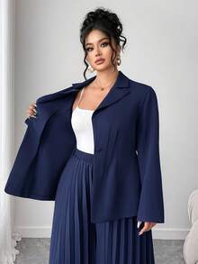 Elenzga 时尚休闲法式复古优雅通勤腰部收紧褶皱两件套 - 藍色 - 查看 5