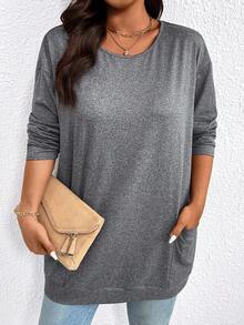 EMERY ROSE Plus Size Casual Solid Color Double Pocket T-Shirt, Versatile For Autumn - Dark Grey - View 6