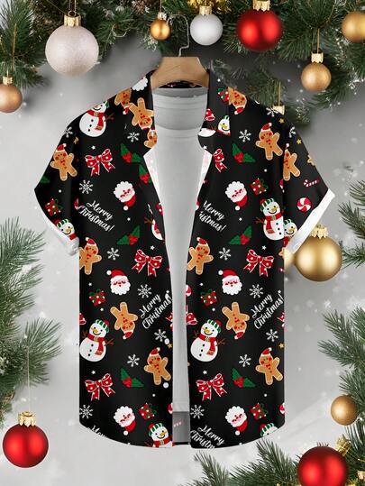 Manfinity Homme Camisa con estampado navideño alegre para hombres, adecuada para reuniones familiares
