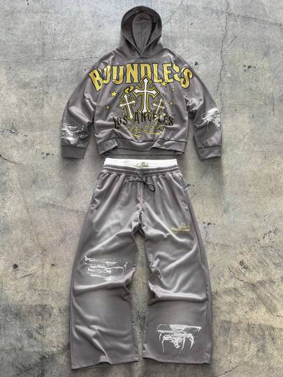  AXEPEAK 男士时尚街头风连帽衫 + 阔腿裤套装