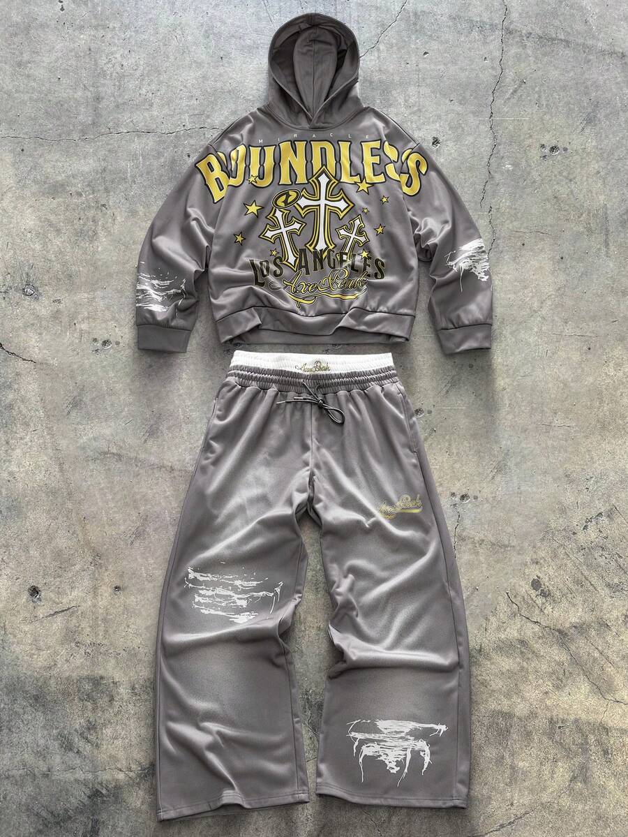 AXEPEAK 男士时尚街头风连帽衫 + 阔腿裤套装 - 深灰色 - 查看 1