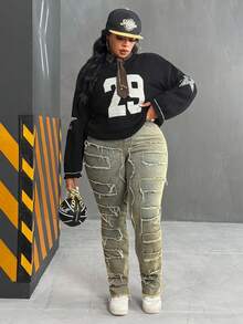 Slaydiva Quần ống loe denim rách cỡ lớn dành cho nữ, thương hiệu thời trang đường phố cao cấp, thiết kế chắp vá cá nhân hóa, đa năng - Rửa nhẹ - Xem 6