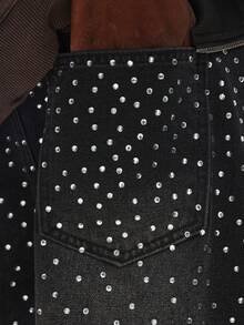 SUMWON 阔腿闪亮水钻镶边超滑板风牛仔裤，适合节日派对等休闲场合 - 棕色 - 查看 7