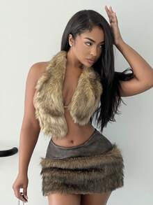 Alexandranx Sexy Asymmetrical Hem Tie-Up Deep V Faux Fur Tank Top For Going Out - Khaki - View 6