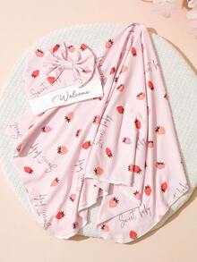 SHEIN 2 件套新生儿女孩襁褓包，带配套蝴蝶结帽子，草莓印花婴儿襁褓毯，婴儿摄影道具 - 彩色 - 查看 6