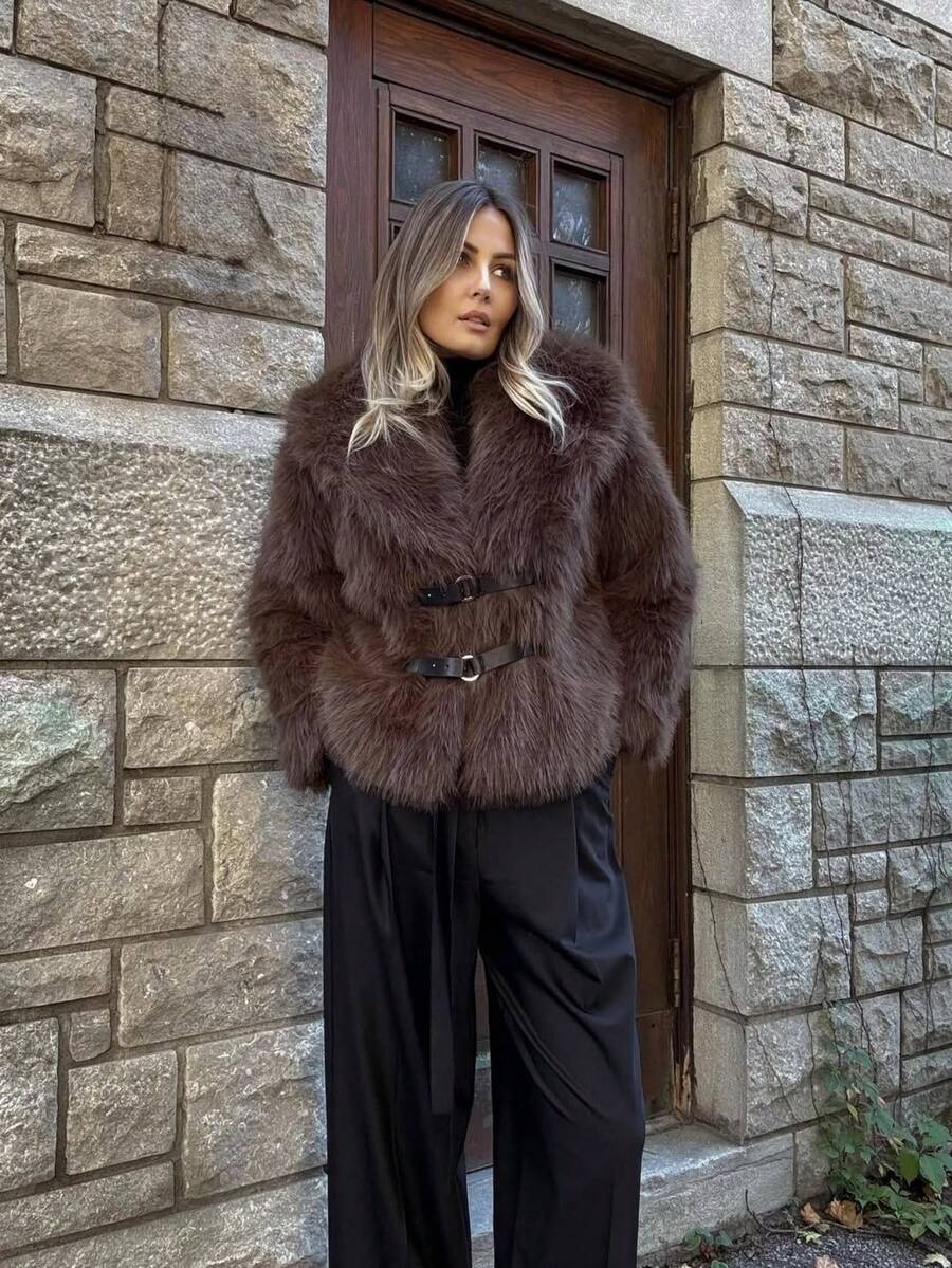 Anewsta 复古仿毛领夹克，秋冬时尚单品 - 棕色 - 查看 1