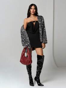 TRNVIE Black Casual Street Style Women's Grommet Decor Bustier High Street Motorcycle Buckle Plunging Draped Neck Hollow Out Bodycon Mini Dress, Suitable For Party, Valentine's Day, Carnival - Black - View 6