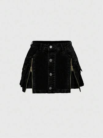 Kawaii Minifalda de mezclilla con cremallera y lavado vintage del estilo Y2K a la cintura baja