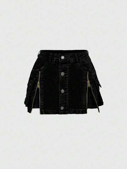 Kawaii Y2K Vintage Washed Zip-Up Low-Waist Mini Denim Skirt