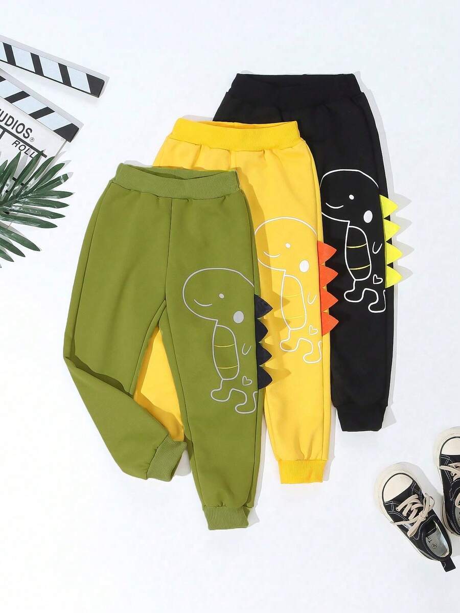 SHEIN 3 条装男童休闲运动学院风恐龙印花运动裤，适合日常穿着、上学、旅行、运动、春秋、度假、假日、放松、日光浴、夏季