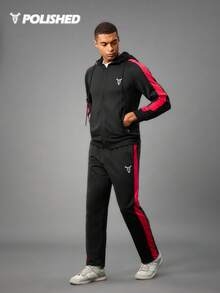 Manfinity Sport Corelite Men's Casual Graphic Print Contrast Side Seam Zip-Up Drawstring Hoodie And Sweatpants Set Gym Suits Men Sports Sets Gym Set Workout Set - Black - View 1