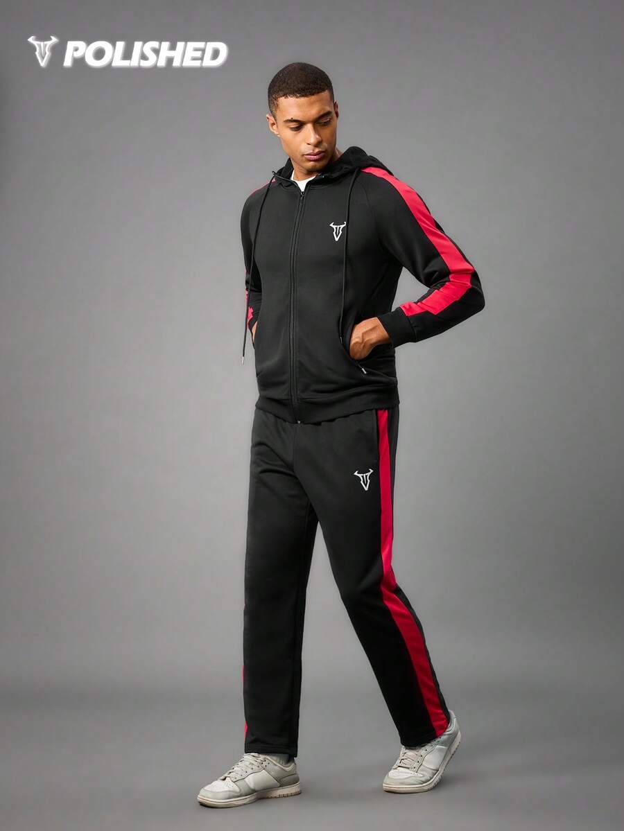 Manfinity Sport Corelite Men's Casual Graphic Print Contrast Side Seam Zip-Up Drawstring Hoodie And Sweatpants Set Gym Suits Men Sports Sets Gym Set Workout Set - Black - View 1