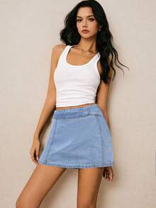 Poéselle 女士时尚休闲牛仔短裤/裙裤 - 淺色水洗藍 - 查看 6