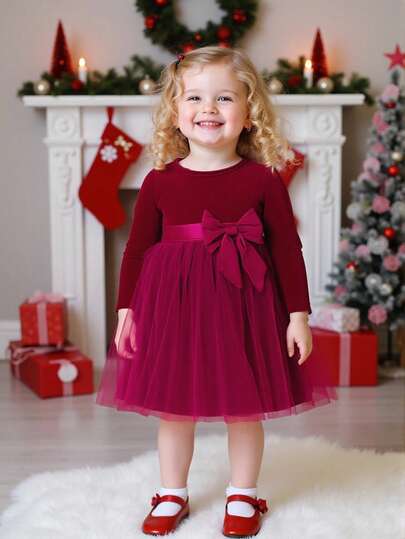 Glamorique Kids 女婴优雅迷人酒红色天鹅绒长袖束腰可爱蝴蝶结复古网眼泡泡袖连衣裙