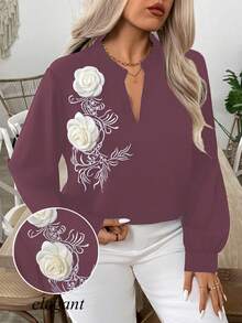 SHEIN Clasi Áo cánh thanh lịch thêu hoa 3D đính đá màu đen cỡ lớn cho nữ - Bụi tím - Xem 3