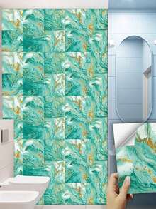 10 pezzi Adesivi decorativi per pavimenti in PVC, adesivi per pareti 2D piatti con motivo vintage verde finto marmo, adatti per cucina, soggiorno, bagno, camera da letto e altre decorazioni per la casa - Multicolore - Visualizzare 3