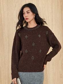 Dazy-Less Women's Loose Business Casual Crew Neck Beaded Knit Sweater, Brown, Suitable For Autumn And Winter