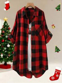 EMERY ROSE Camisa larga de franela roja elegante y cálida para mujer de talla grande, casual para Navidad - Rojo - Ver 1