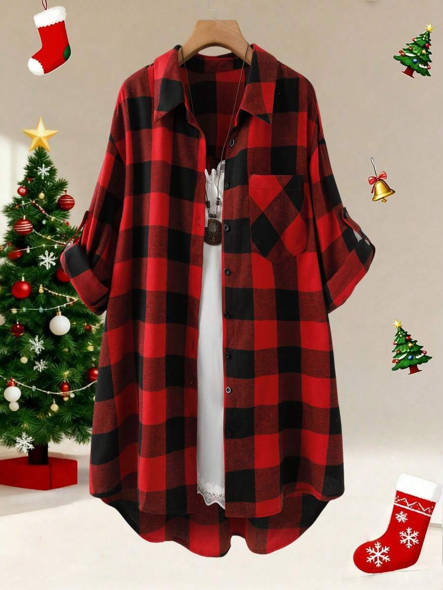 EMERY ROSE Camisa larga de franela roja elegante y cálida para mujer de talla grande, casual para Navidad - Rojo - Ver 1