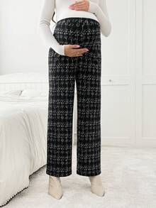 SHEIN Maternity Casual All-Over Print Adjustable Waist Pants, Autumn Maternity Pants Pregnancy Pants Maternity Clothes Pregnancy Clothes Pants Tweed - Black - View 4