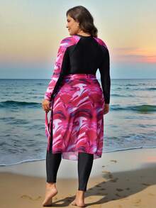 Swim Shayni 1 Bộ đồ bơi liền thân in họa tiết khóa kéo nửa hở cỡ lớn đi biển mùa hè kèm áo choàng và váy - màu đen - Xem 2