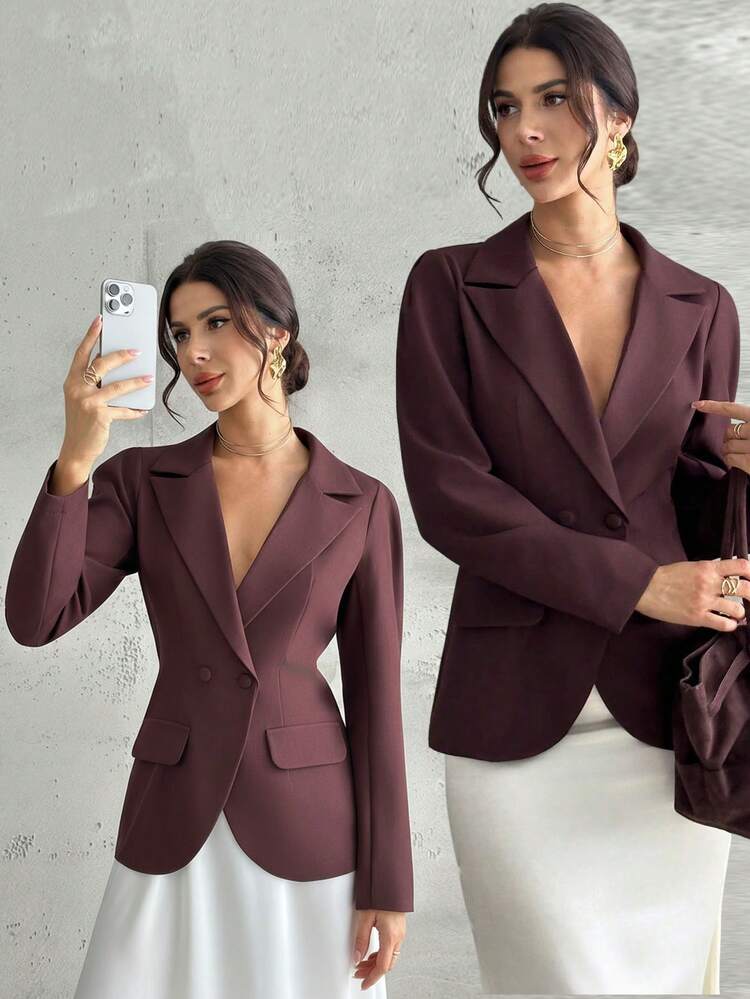 Firerie Women's Solid Color Lapel NeckLong Sleeve Double-Breasted Casual Blazer, Autumn - Burgundy - View 2