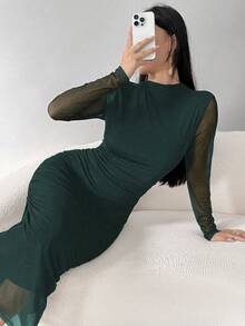 Modelyn 女式纯色简约日常长袖网眼连衣裙超长款女式长款晚礼服 - 墨綠色 - 查看 4