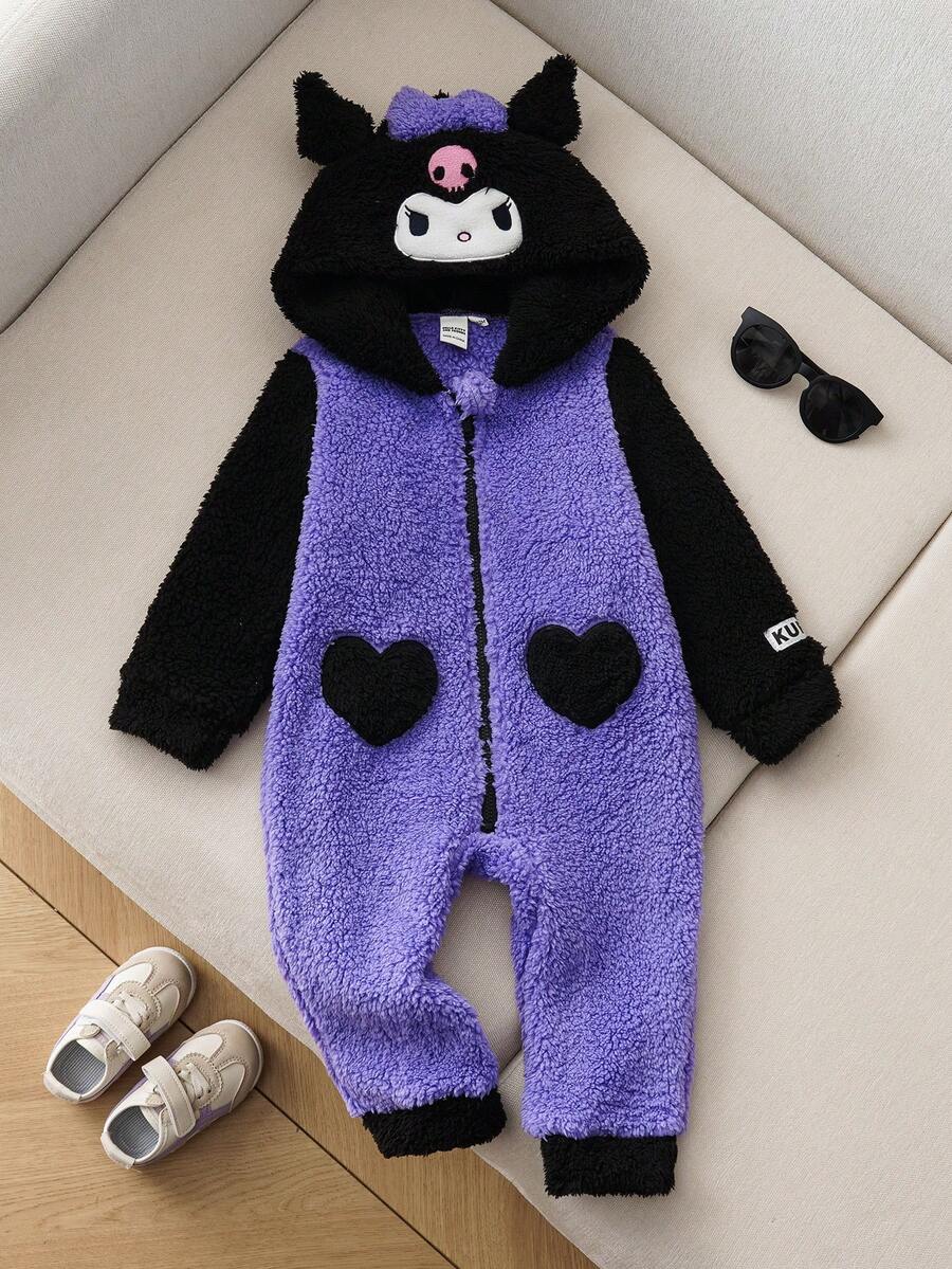 HELLO KITTY AND FRIENDS | SHEIN 女婴可爱卡通刺绣蝴蝶结装饰3D耳朵连帽长袖心形口袋拼色针织连体衣 - 紫色 - 查看 1