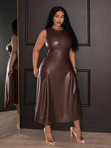 Veslaya 2026春夏新款非洲波西米亚风音乐节休闲度假优雅海岛度假村派对晚宴鸡尾酒会通勤日常穿着纯色橄榄绿弹力PU无袖圆领连衣裙，大码 - 鏽棕色 - 查看 5