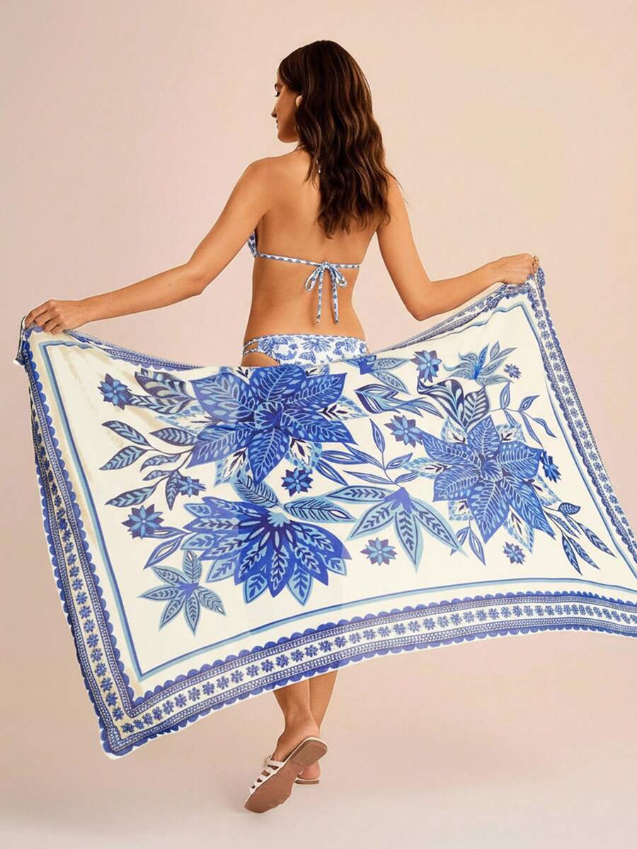 CAJUNI 女士度假植物印花侧结开衩下摆罩衫和迷你裙套装