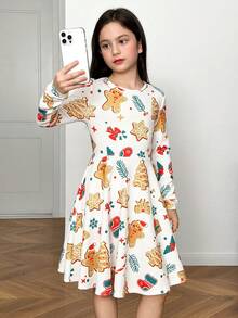 SHEIN Váy dệt kim dáng chữ A dài tay cổ tròn in họa tiết dễ thương cho bé gái tuổi mới lớn - trắng - Xem 4