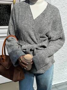 SHEIN EZwear Chaqueta de lana con cuello en V y cinturón, ropa de mujer de moda casual para otoño e invierno - Gris - Ver 5