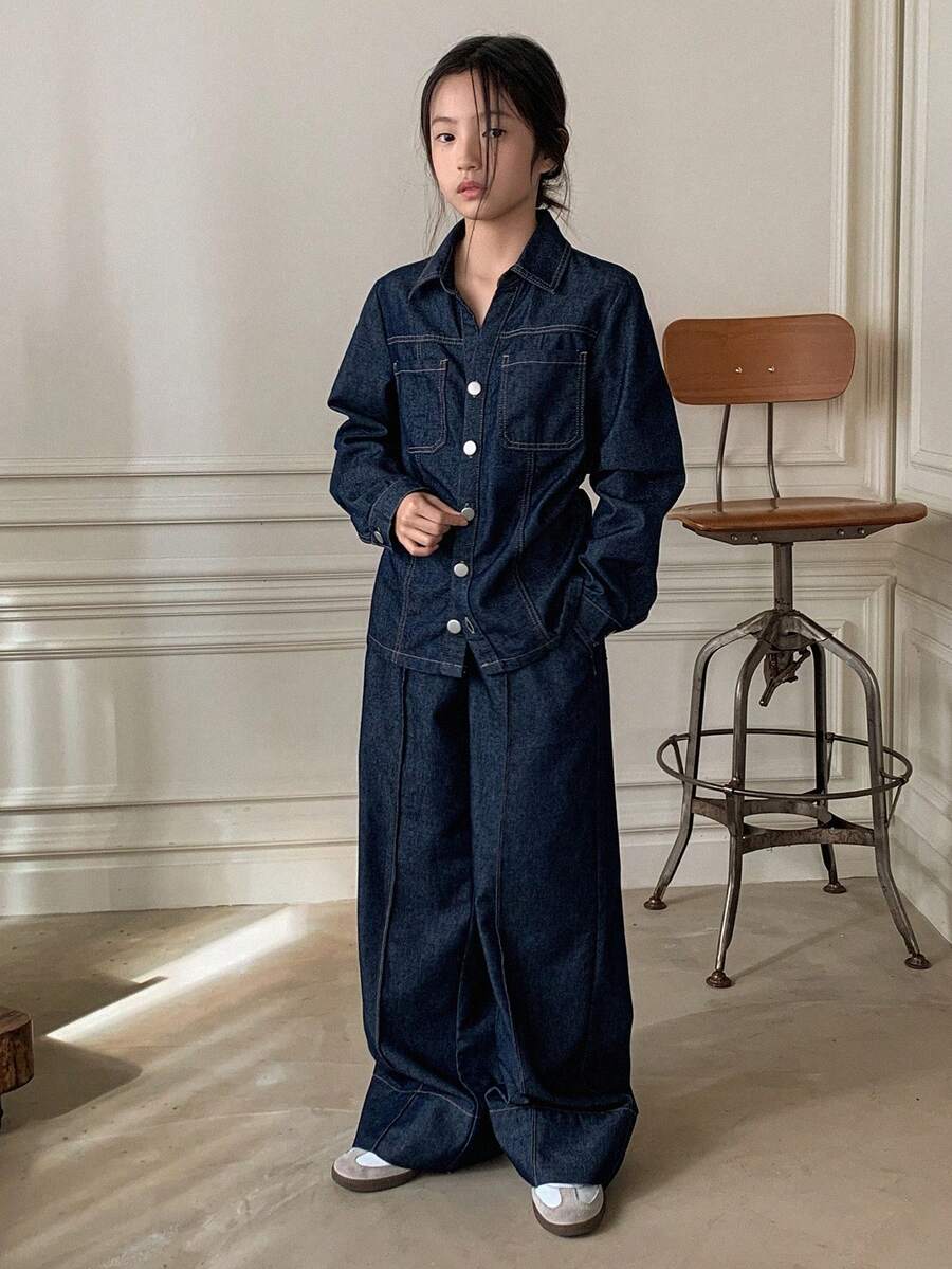 Dazy Kids Tween Girls Denim Top & Pants Set, Fall Outfit - Blue - View 1