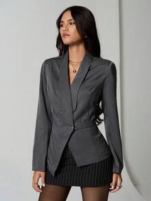 TRNVIE 1 pièce Blazer casual/de travail pour femmes avec col asymétrique et taille cintrée, coupe évasée, gris foncé, automne/hiver - Gris - Voir 4