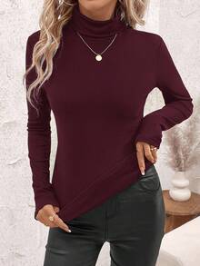 SHEIN Clasi Women's Stand Collar Gathered Waist Fleece Warm T-Shirt,Red Top,Christmas,Red Tops For Women - Burgundy - View 6