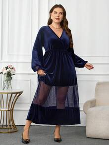 Modelyn Plus Size Women Elegant Fitted Knit Textured Mesh Patchwork Long Dress, Versatile For Autumn/Winter - Navy Blue - View 4