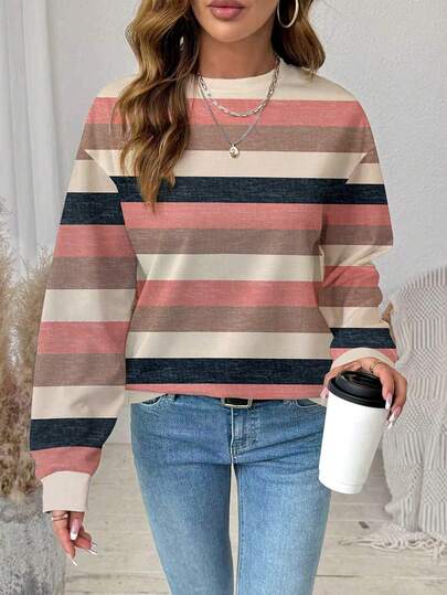 SHEIN LUNE Plus Size Women Casual Everyday Commute Colorblock Striped Print Loose Fit Pullover Sweatshirt, Spring/Autumn Long Sleeve Shirt Striped Long Sleeve/Winter Women Long Sleeve Tops