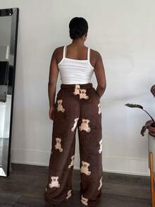 Tyla Gomez Women's Casual Cartoon Bear Pattern Drawstring Waist Teddy Fleece Long Pants, Autumn/Winter - Mocha Brown - View 2