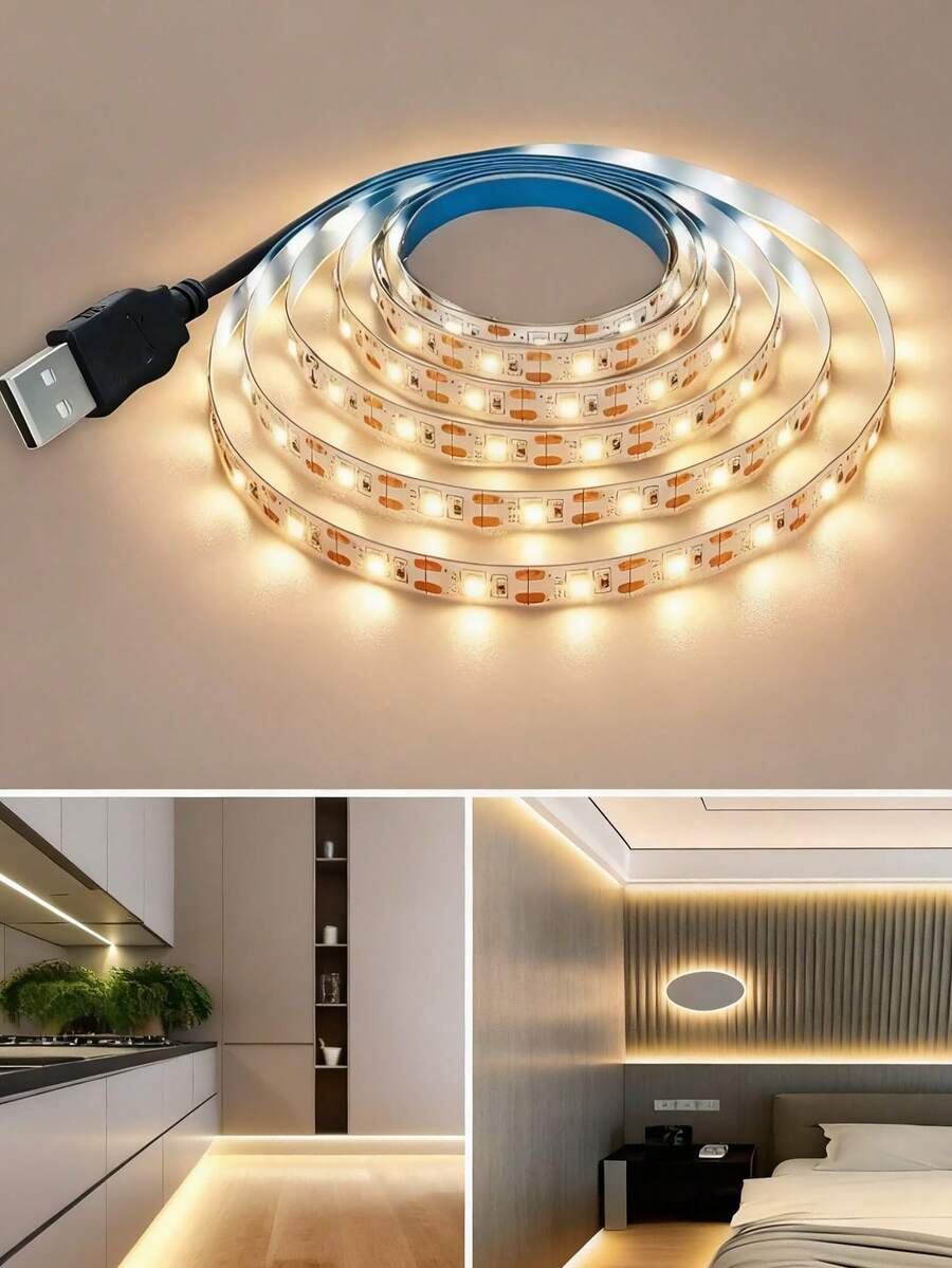 SHEIN 1pc Warm-Toned LED Strip Light, USB Powered, Solid Color Light, Flexible LED Decorative Light, 1m/2m/3m/5m, Not Waterproof, Suitable For Bedroom, Kitchen, Home Decor, TV/Computer Backlight (No Remote Control) - Warm color - View 1