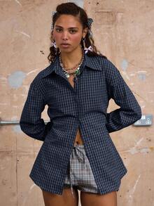 COUREZ Long Sleeve Cinched Check Shirt With Back Tie /Y2K Going Out Women Cute Spring Going Out Tops - Blue - View 4