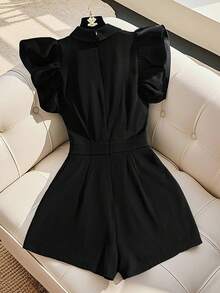 GlowEve 女士优雅通勤时尚精致盖袖西装领连体裤，春夏 - 黑色 - 查看 2