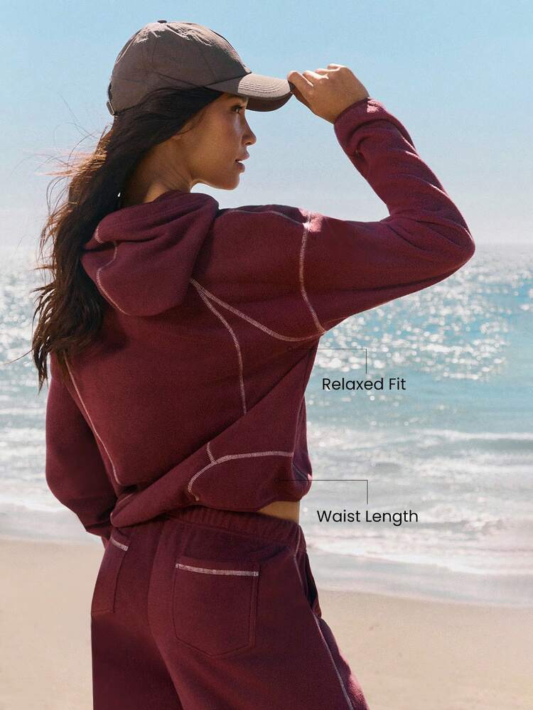 Micro Fleece Chillmate Soft Warm Contrast Trim Front Pocket Thumbholes Adjustable Hood Waist Length Relaxed Fit Pullover Autumn Winter Outdoors Daily Casual Wear