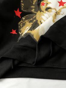 ROMWE MEN Street Life Men's Loose Fit Angel & Star Print Hoodie - Black - View 4