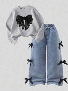 2pcs/Set Young Girls Spring, Autumn & Winter Back To School Casual Fashion Sweatshirt Set, Black Sequin Bow Front, Gray Solid Knit Sweatshirt With Ribbed Cuffs, Collar & Hem, Paired With Black 3D Bow Accent Jeans, Suitable For Cute & Sweet Daily, School, Vacation, Party Wear In Autumn/Winter - Multicolor - View 3