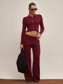 MUSERA 低腰翻折腰带阔腿裤，优雅冬季工作装，可爱晚装。 - 紅色 - 查看 6