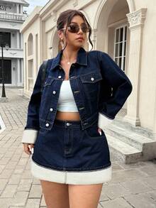 SHEIN ICON Plus Size Vintage Rolled Cuff Dark Blue Denim Jacket - Blue - View 6