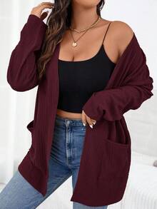 SHEIN Essnce Plus Size Women Casual Solid Color Dual Pocket Front Open Cardigan, Autumn/Winter - Rose Red - View 4