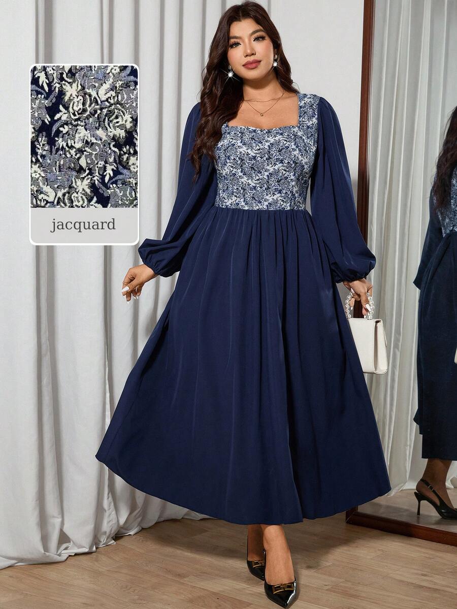 Modelyn Robe élégante à manches longues en jacquard tissé, patchwork, taille froncée, coupe évasée, grande taille - Bleu azur - Voir 1