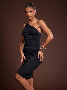 Hauture Rochie de petrecere la modă pentru femei, cu un singur umăr, cu decor metalic - Negru - Vizualizare 6